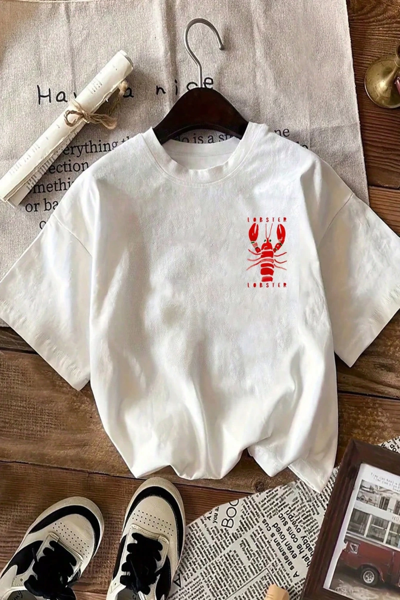Lobster Graphic Yaz Dışarı Çıkma Tişörtü, Kadın Rahat Yuvarlak Yaka Kısa Kollu Tişört