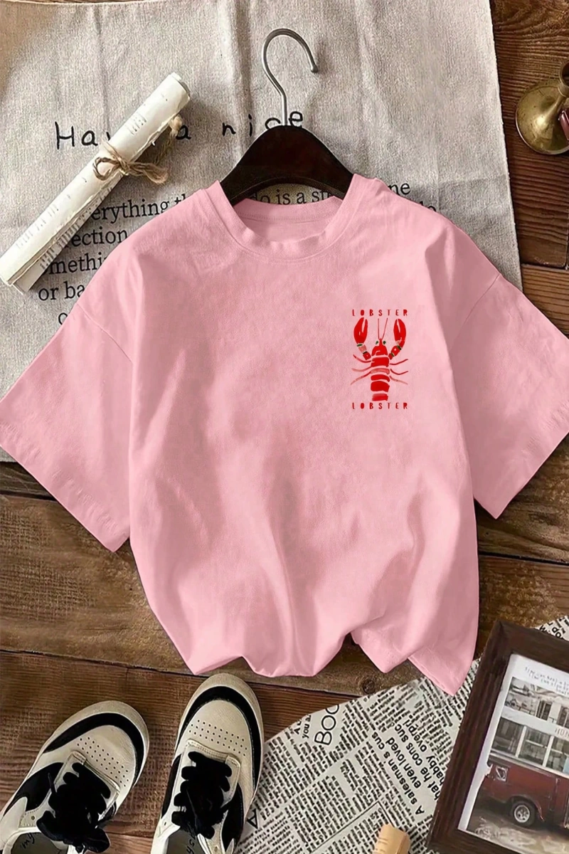 Lobster Graphic Yaz Dışarı Çıkma Tişörtü, Kadın Rahat Yuvarlak Yaka Kısa Kollu Tişört