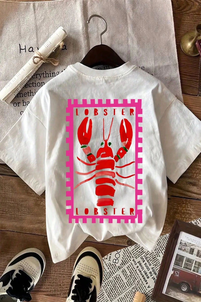 Lobster Graphic Yaz Dışarı Çıkma Tişörtü, Kadın Rahat Yuvarlak Yaka Kısa Kollu Tişört