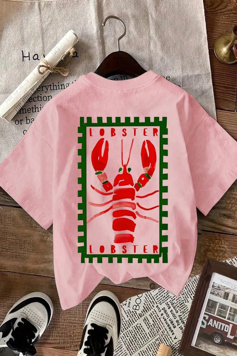 Lobster Graphic Yaz Dışarı Çıkma Tişörtü, Kadın Rahat Yuvarlak Yaka Kısa Kollu Tişört