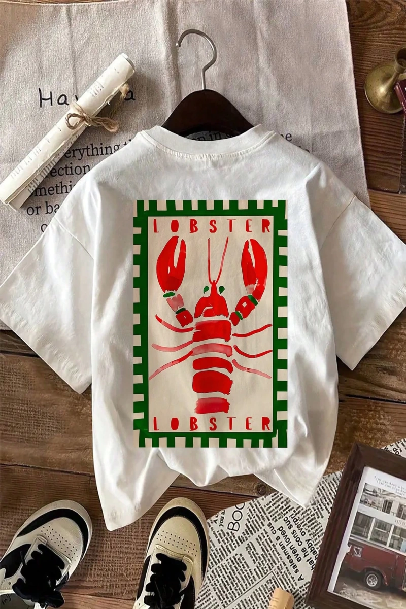 Lobster Graphic Yaz Dışarı Çıkma Tişörtü, Kadın Rahat Yuvarlak Yaka Kısa Kollu Tişört