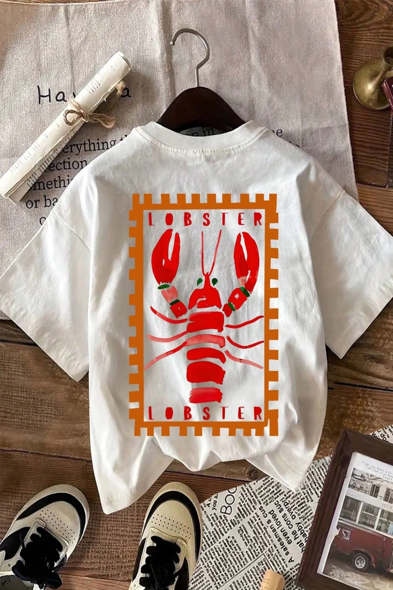 Lobster Graphic Yaz Dışarı Çıkma Tişörtü, Kadın Rahat Yuvarlak Yaka Kısa Kollu Tişört