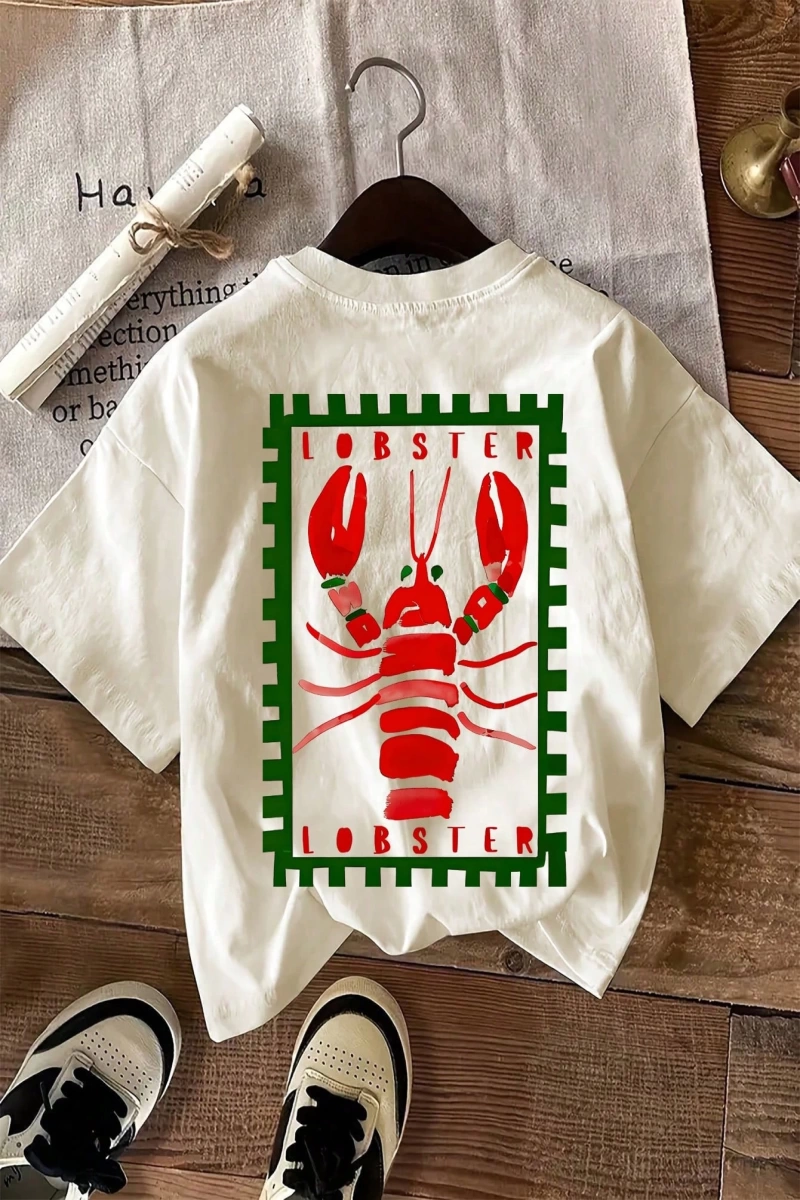 Lobster Graphic Yaz Dışarı Çıkma Tişörtü, Kadın Rahat Yuvarlak Yaka Kısa Kollu Tişört
