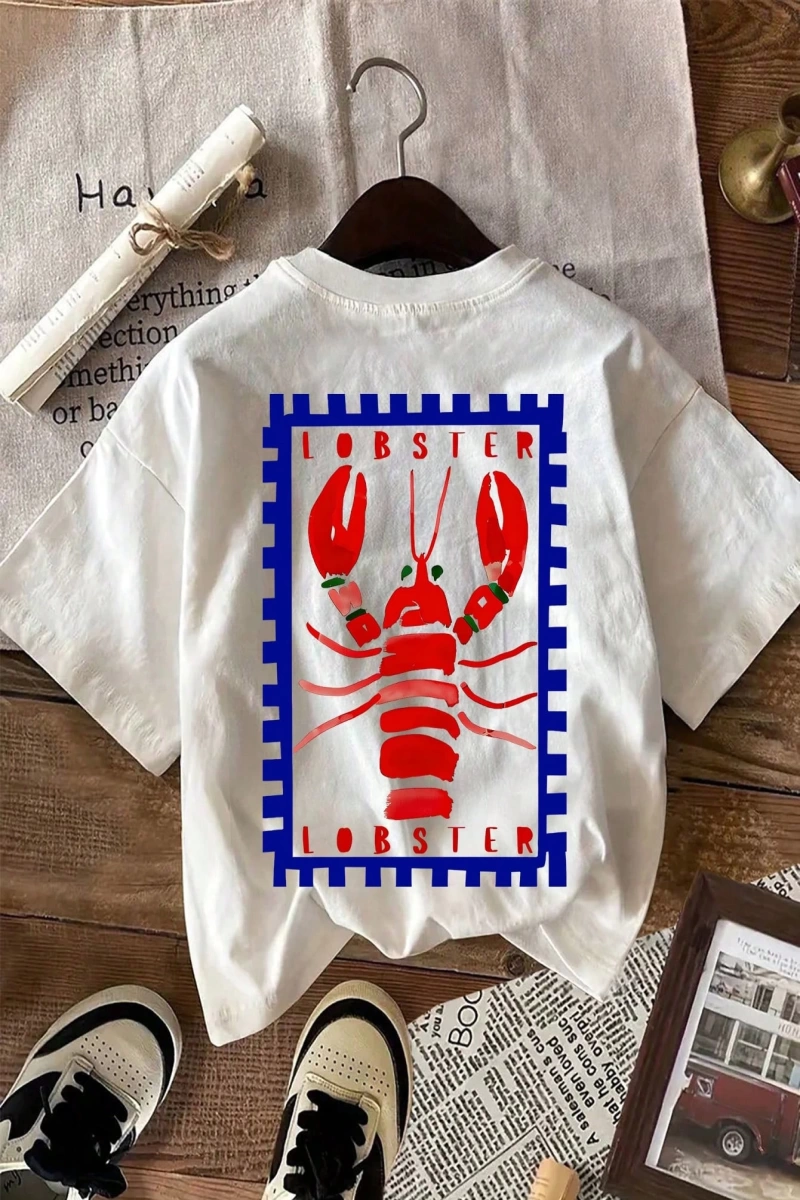Lobster Graphic Yaz Dışarı Çıkma Tişörtü, Kadın Rahat Yuvarlak Yaka Kısa Kollu Tişört