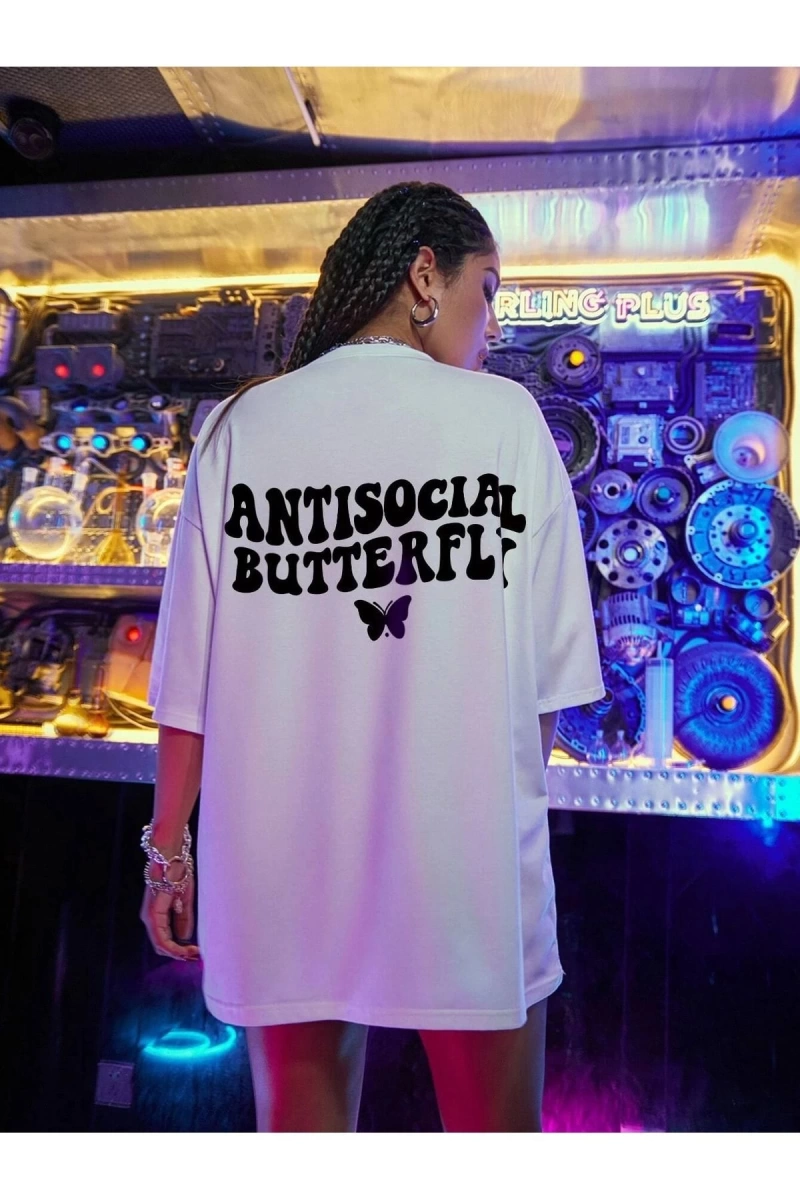 Logo Baskılı Beyaz Tişört Antisocial Butterfly