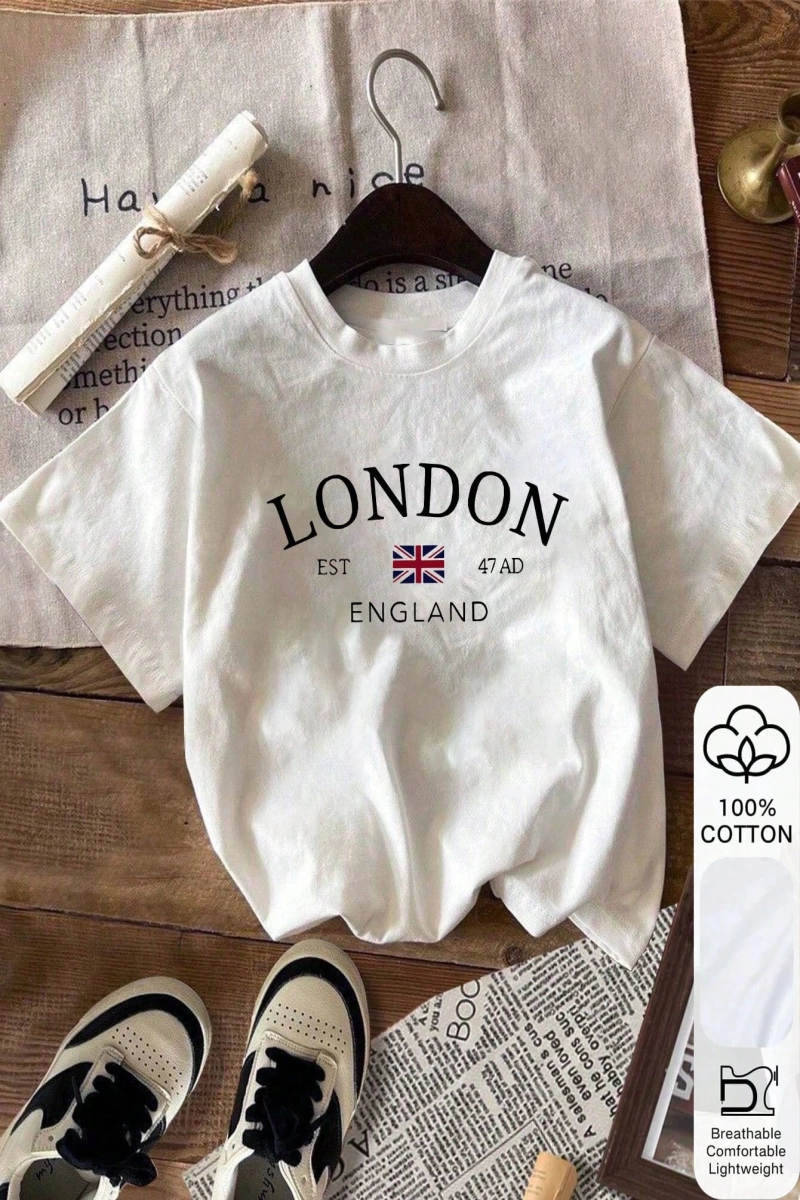 London Print Yazlık Bayan %100 Pamuklu Kısa Kollu, Günlük Kadın Giyim, Günlük Yazlık Giyim, Y