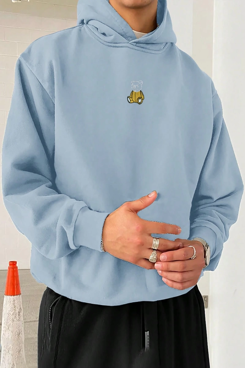 Loose Fit Erkek Ayı Nakışlı Düşük Omuz Termal Kapşonlu