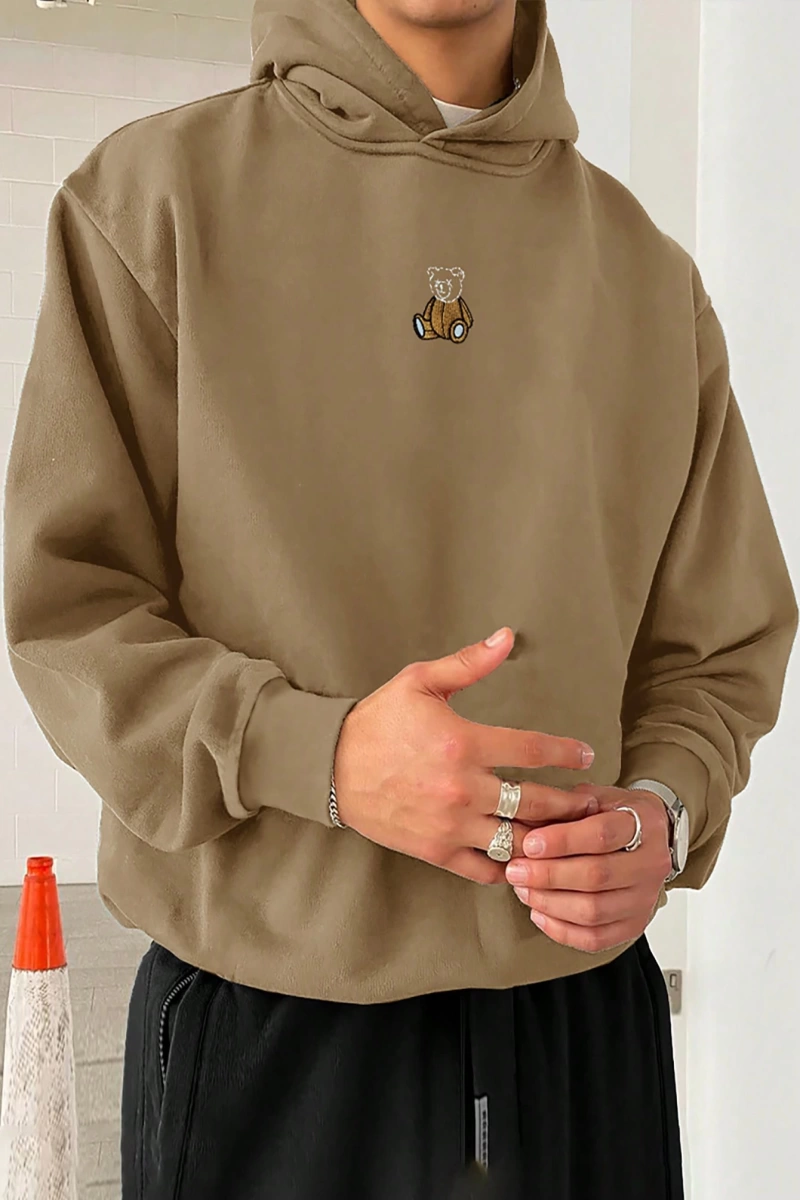 Loose Fit Erkek Ayı Nakışlı Düşük Omuz Termal Kapşonlu