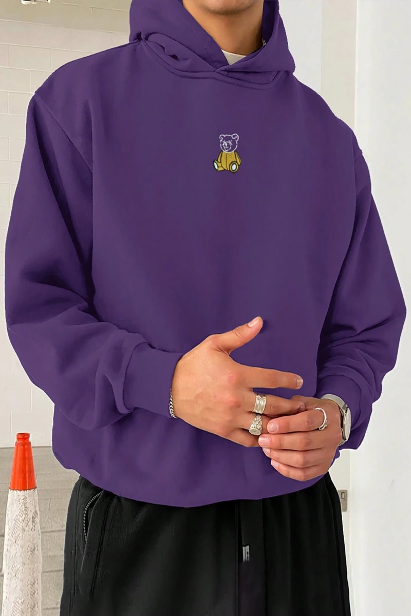 Loose Fit Erkek Ayı Nakışlı Düşük Omuz Termal Kapşonlu