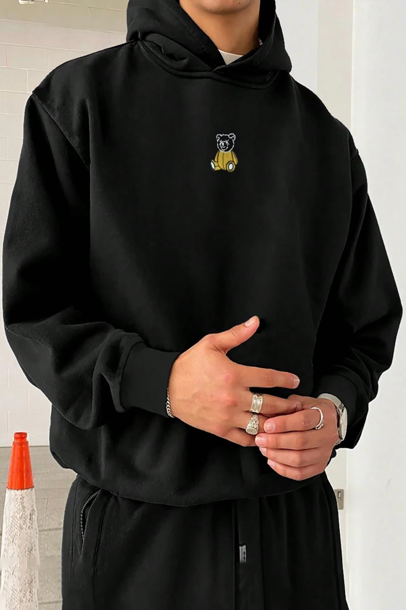 Loose Fit Erkek Ayı Nakışlı Düşük Omuz Termal Kapşonlu