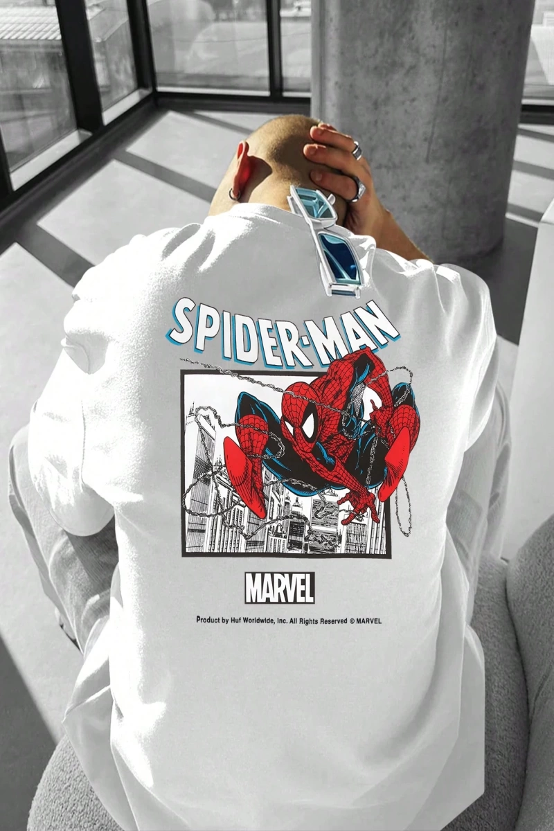 Marvel Erkek Basit Çerçeve Örümcek Adam 2 Grafik Baskılı Yuvarlak Yaka Kısa Kollu Beyaz Tişör