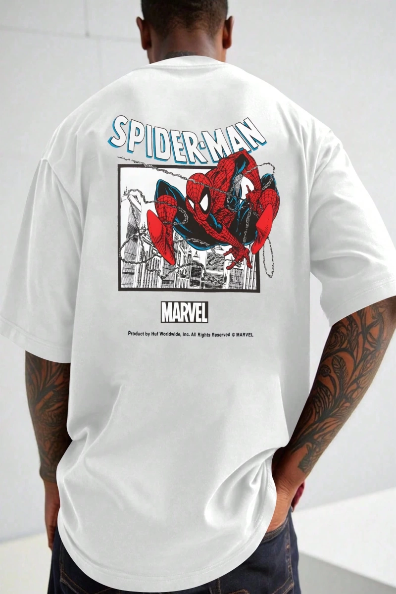 Marvel Erkek Basit Çerçeve Örümcek Adam 2 Grafik Baskılı Yuvarlak Yaka Kısa Kollu Beyaz Tişör