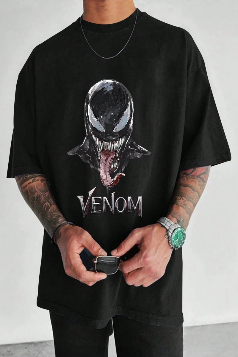 Marvel Erkek Basit Desen Venom 2 Grafik Yuvarlak Yaka Kısa Kollu Siyah Tişört, Yaz