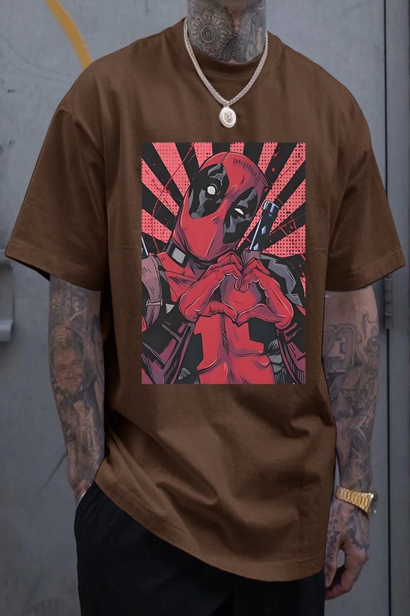 Marvel Erkek Basit Kalp Şekli Deadpool Grafik Baskılı Yuvarlak Yaka Kısa Kollu Yazlık Siyah T