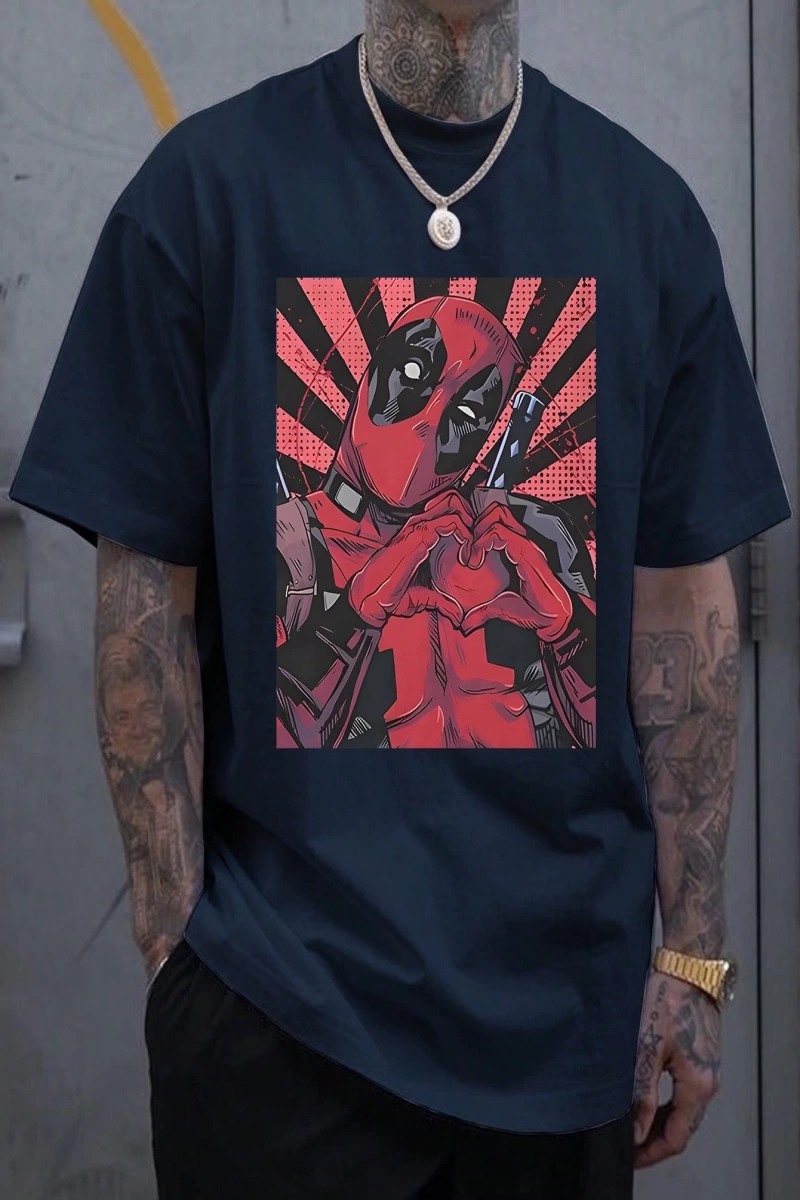 Marvel Erkek Basit Kalp Şekli Deadpool Grafik Baskılı Yuvarlak Yaka Kısa Kollu Yazlık Siyah T