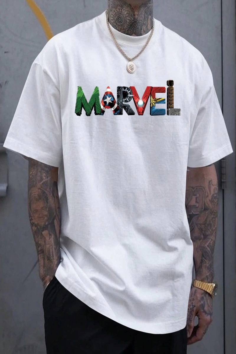 Marvel Erkek Basit Marvel Grafik Baskılı Yuvarlak Yaka Kısa Kollu Siyah Tişört, Yaz