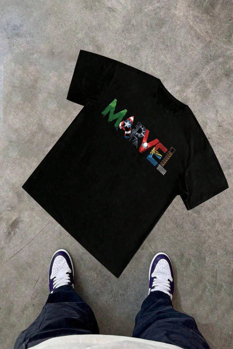Marvel Erkek Basit Marvel Grafik Baskılı Yuvarlak Yaka Kısa Kollu Siyah Tişört, Yaz