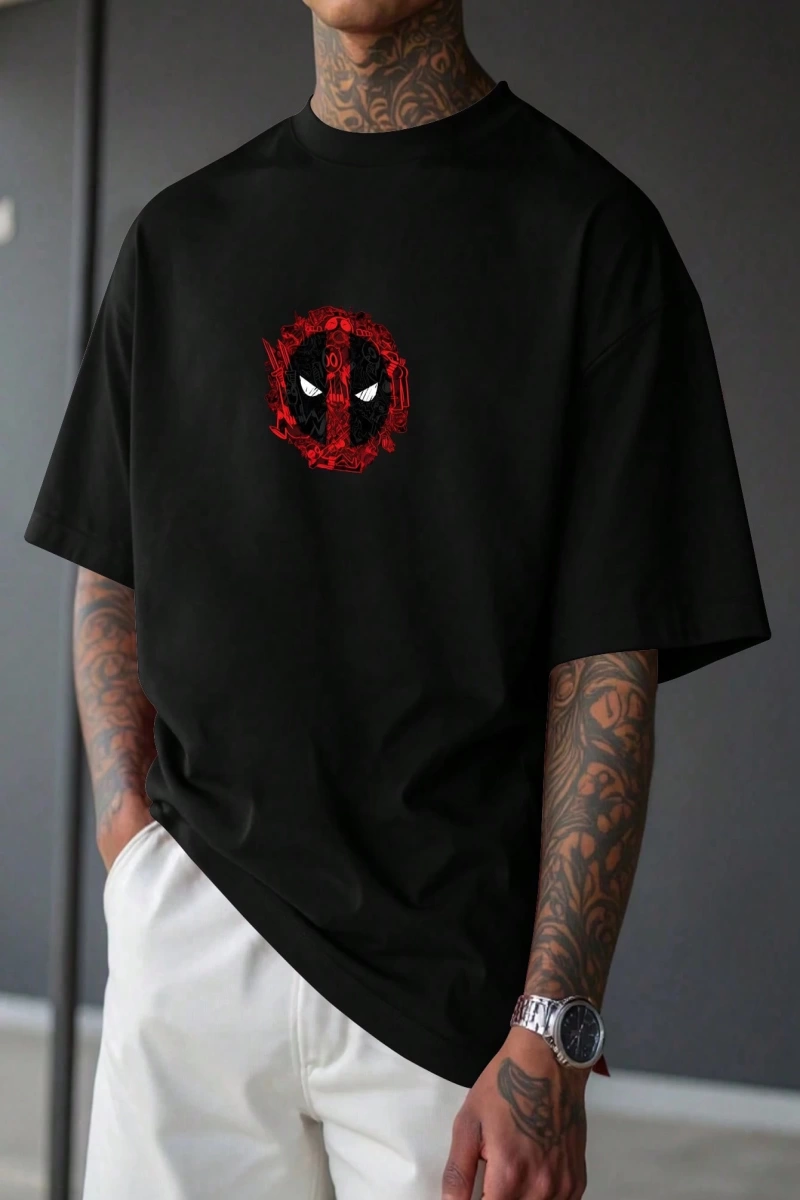 Marvel Erkek Günlük Deadpool Logo Baskılı Yuvarlak Yaka Kısa Kollu Siyah Tişört, Yaz