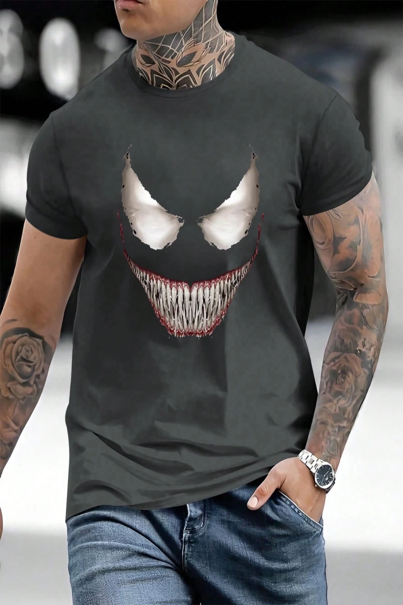 Marvel Erkek Minimalist Venom Grafik Baskılı Mürettebat Yaka Kısa Kollu Siyah Tişört, Yaz