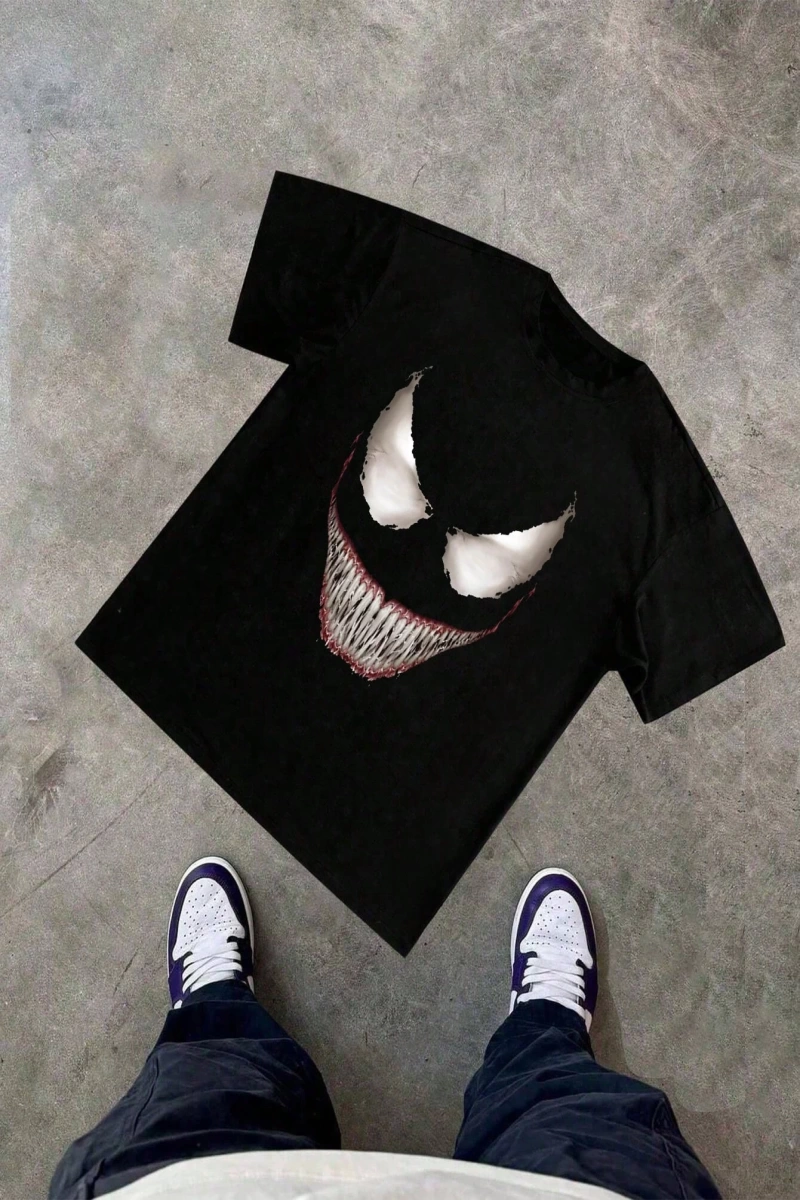 Marvel Erkek Minimalist Venom Grafik Baskılı Mürettebat Yaka Kısa Kollu Siyah Tişört, Yaz