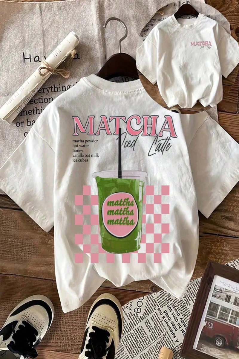 MATCHA TOP Yaz Tişört Tasarımı, Kadın Günlük Yuvarlak Yaka Kısa Kollu Tişört