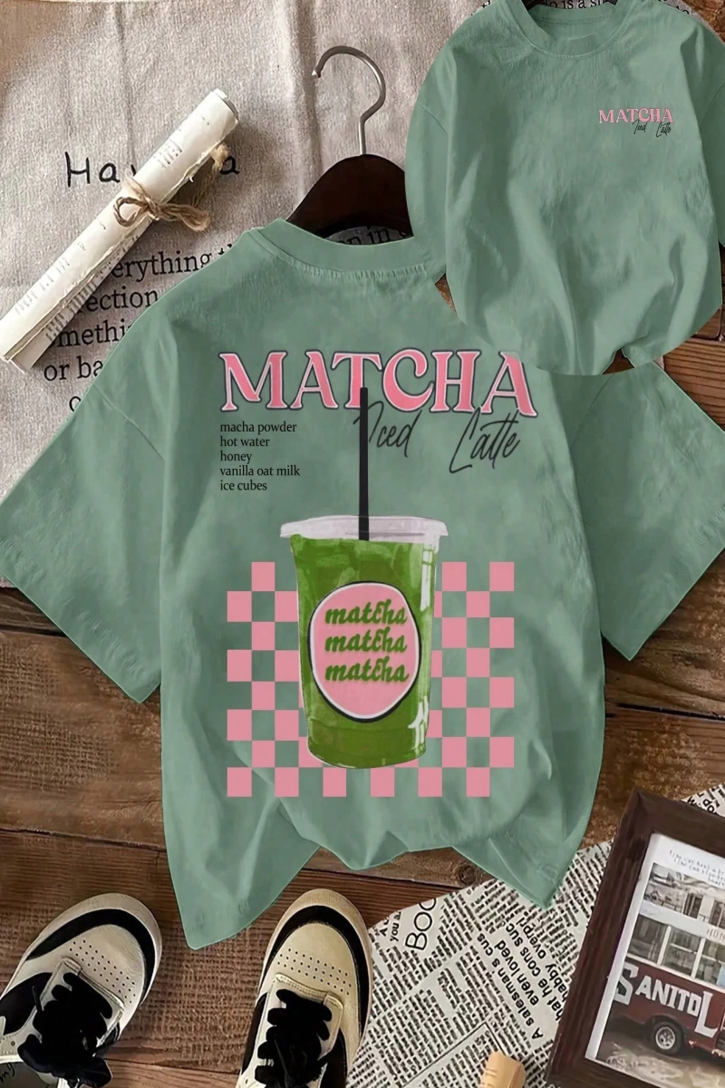 MATCHA TOP Yaz Tişört Tasarımı, Kadın Günlük Yuvarlak Yaka Kısa Kollu Tişört