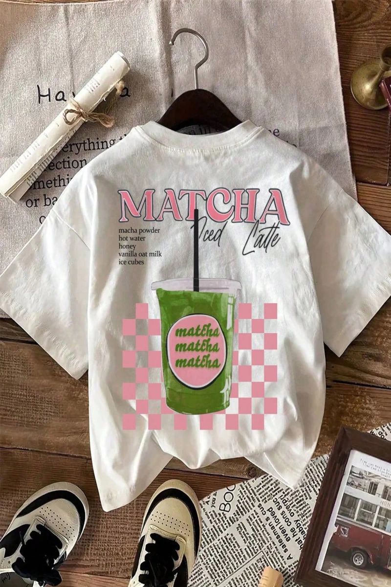 MATCHA TOP Yaz Tişört Tasarımı, Kadın Günlük Yuvarlak Yaka Kısa Kollu Tişört