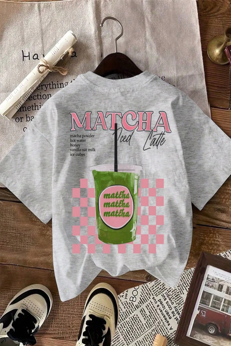 MATCHA TOP Yaz Tişört Tasarımı, Kadın Günlük Yuvarlak Yaka Kısa Kollu Tişört