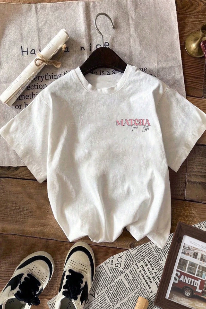 MATCHA TOP Yaz Tişört Tasarımı, Kadın Günlük Yuvarlak Yaka Kısa Kollu Tişört