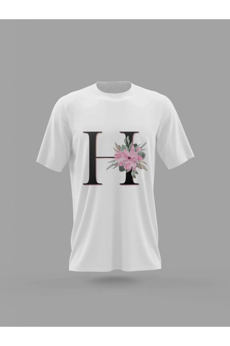 MAVİ H Harfi Baş Harf Pembe Çiçekli Baskılı T-shirt PNRMTSHRT4497