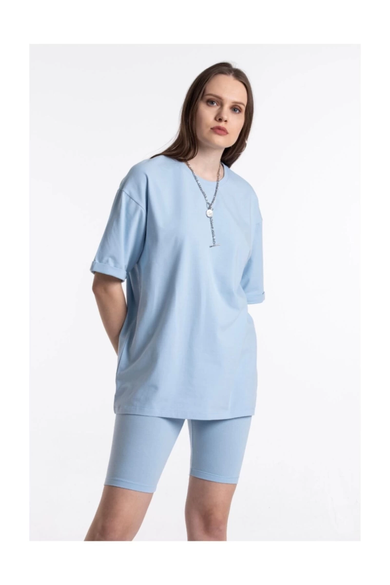 Mavi Renkli, Düz, Kısa Kollu Boyfriend Örme T-shirt