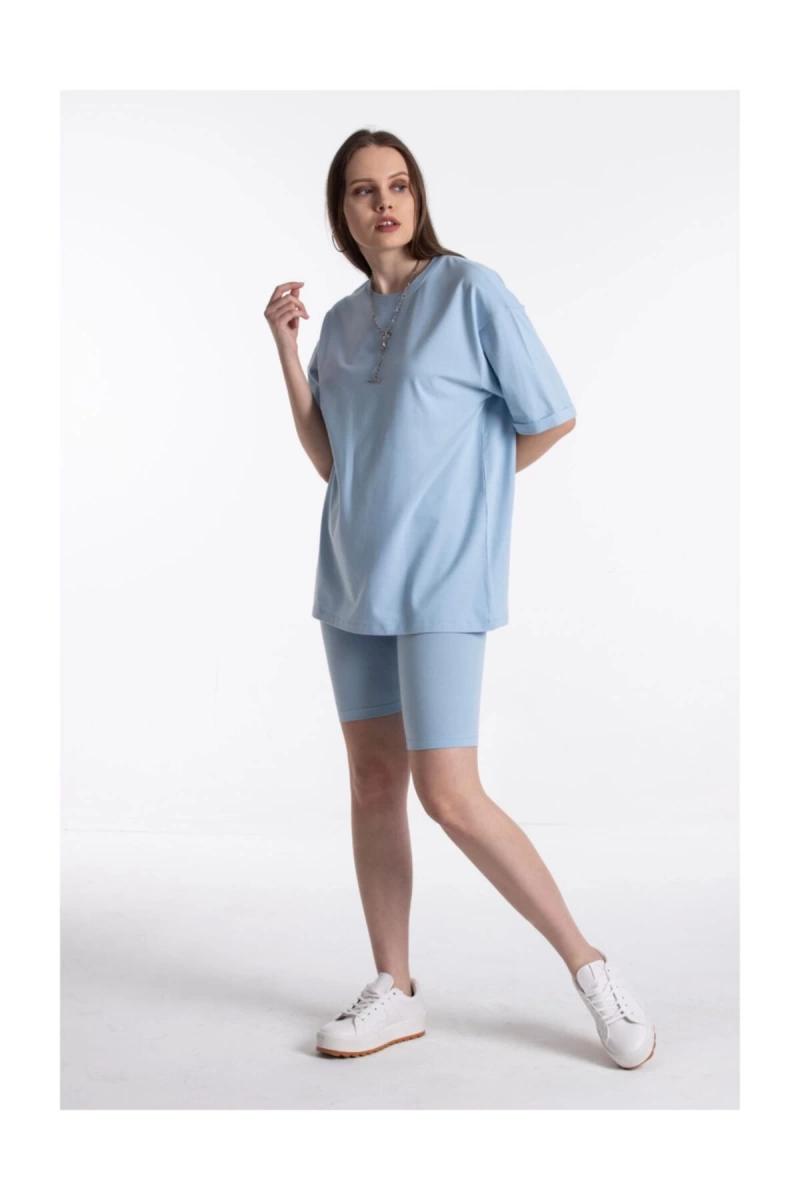 Mavi Renkli, Düz, Kısa Kollu Boyfriend Örme T-shirt
