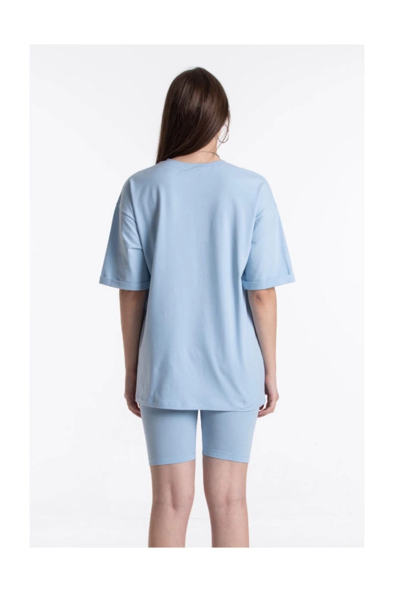 Mavi Renkli, Düz, Kısa Kollu Boyfriend Örme T-shirt