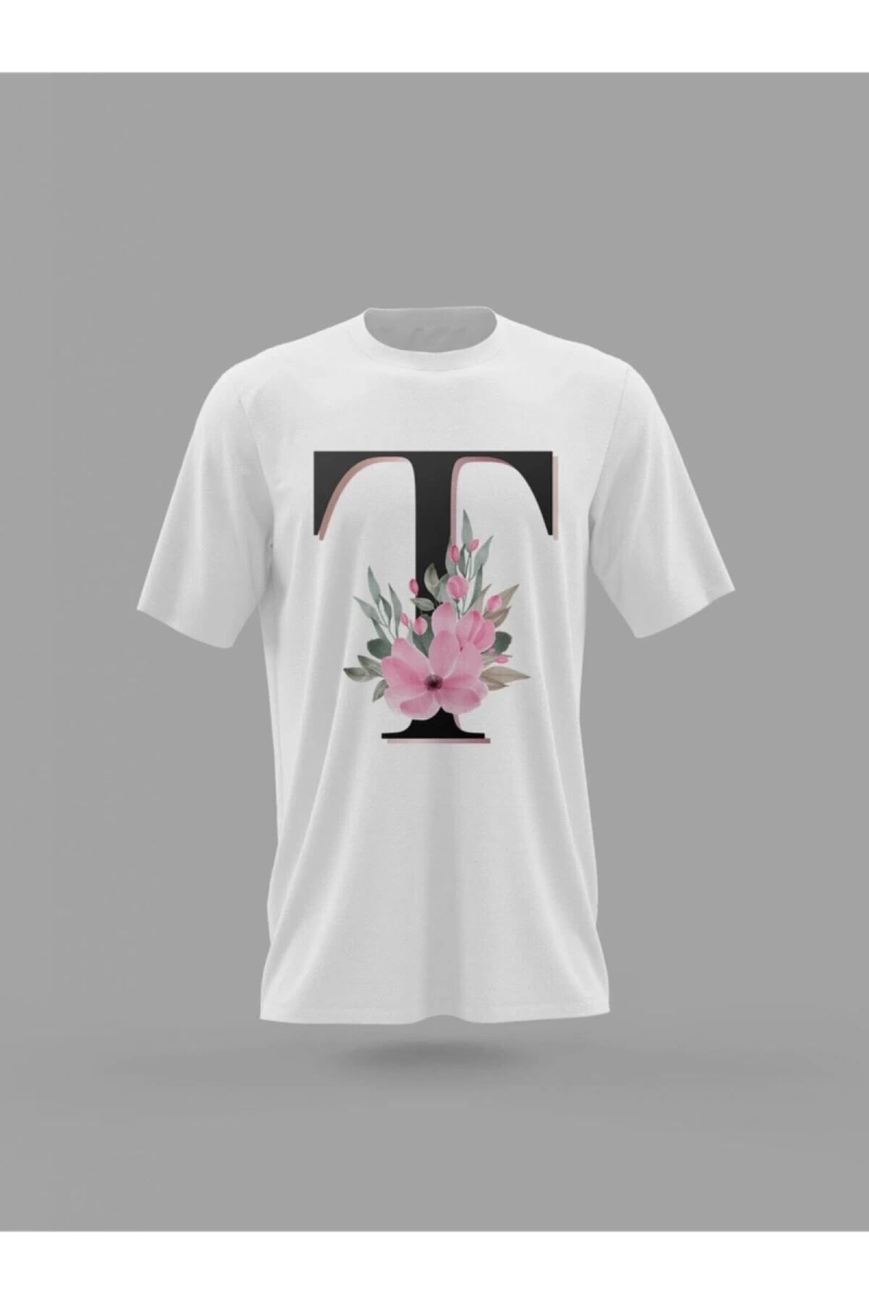 MAVİ T Harfi Baş Harf Pembe Çiçekli Baskılı T-shirt PNRMTSHRT4485