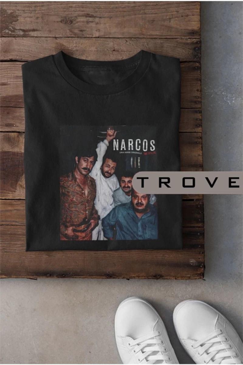 MAVİ Unısex Kadın Erkek Narcos Kolpaçino Netflıx %100 Pamuk Baskılı Siyah Beyaz T-shirt NARC