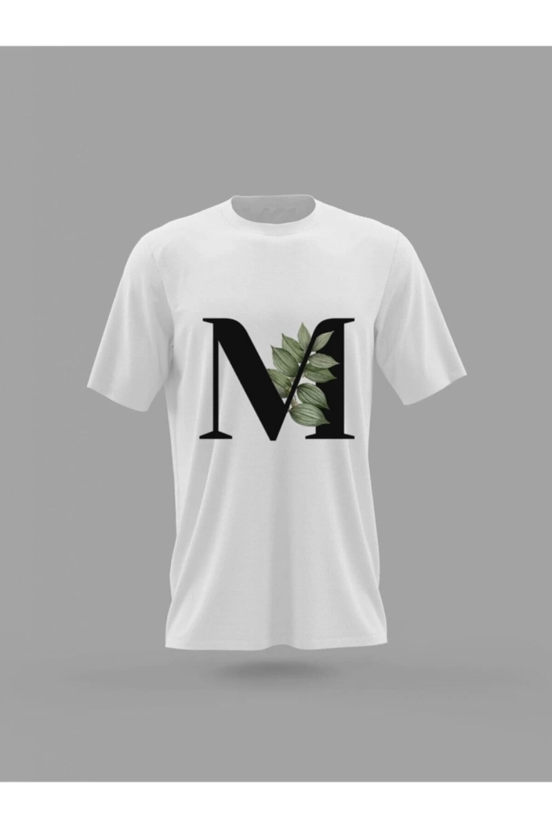 MAVİ Unisex M Harfi Yeşil Yapraklı Baskılı T-shirt PNRMTSHRT4516