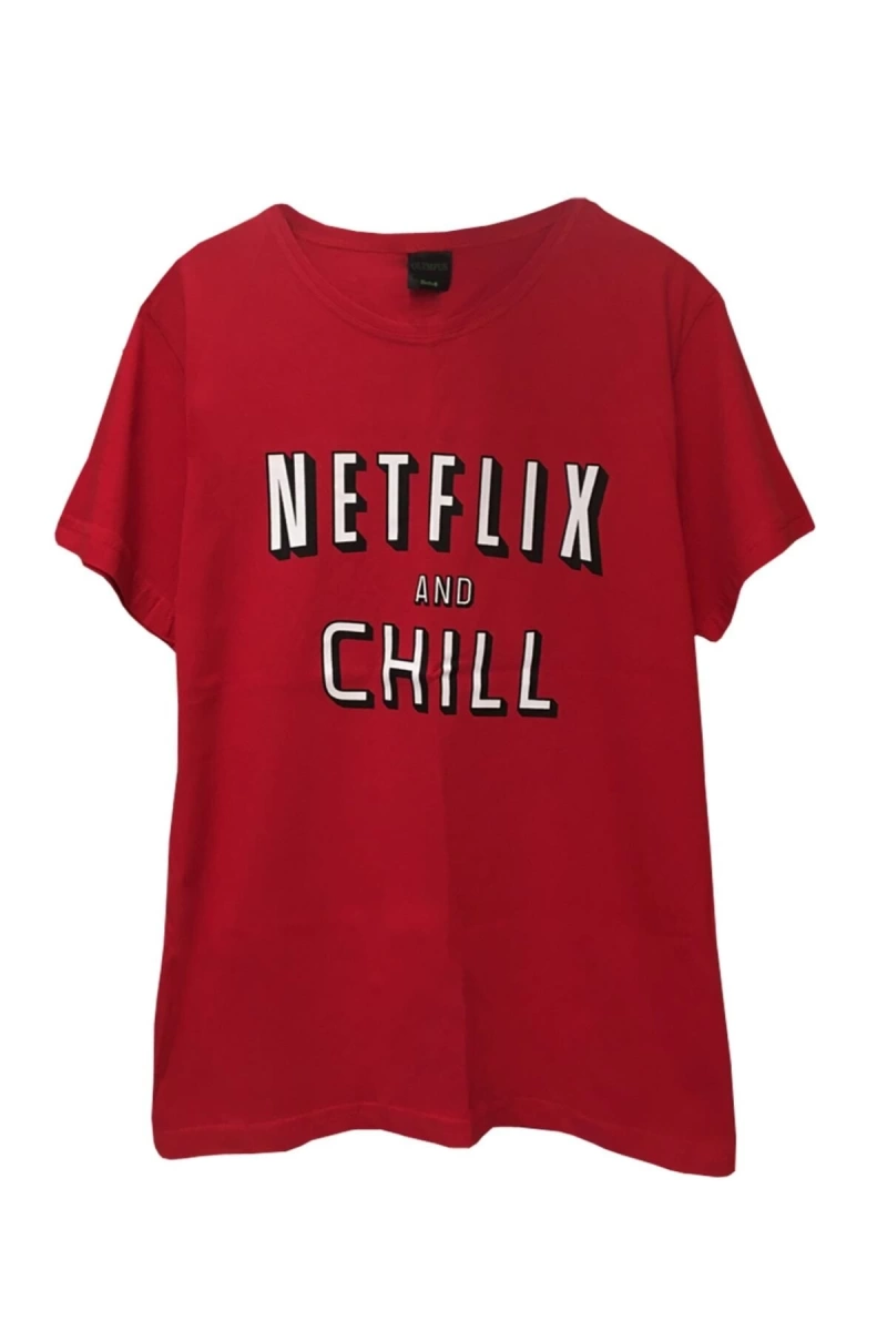 MAVİ Unisex Netflix And Chill Baskılı Kırmızı Tişört NTCH63251
