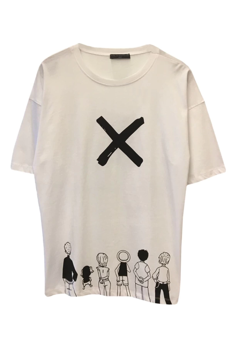 MAVİ Unisex Oversize Anime One Piece Baskılı Beyaz Tişört ONPC85410