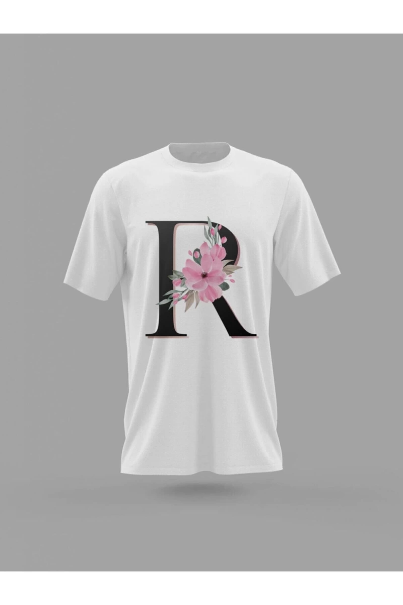 MAVİ Unisex R Harfi Baş Harf Pembe Çiçekli Baskılı T-shirt PNRMTSHRT4482