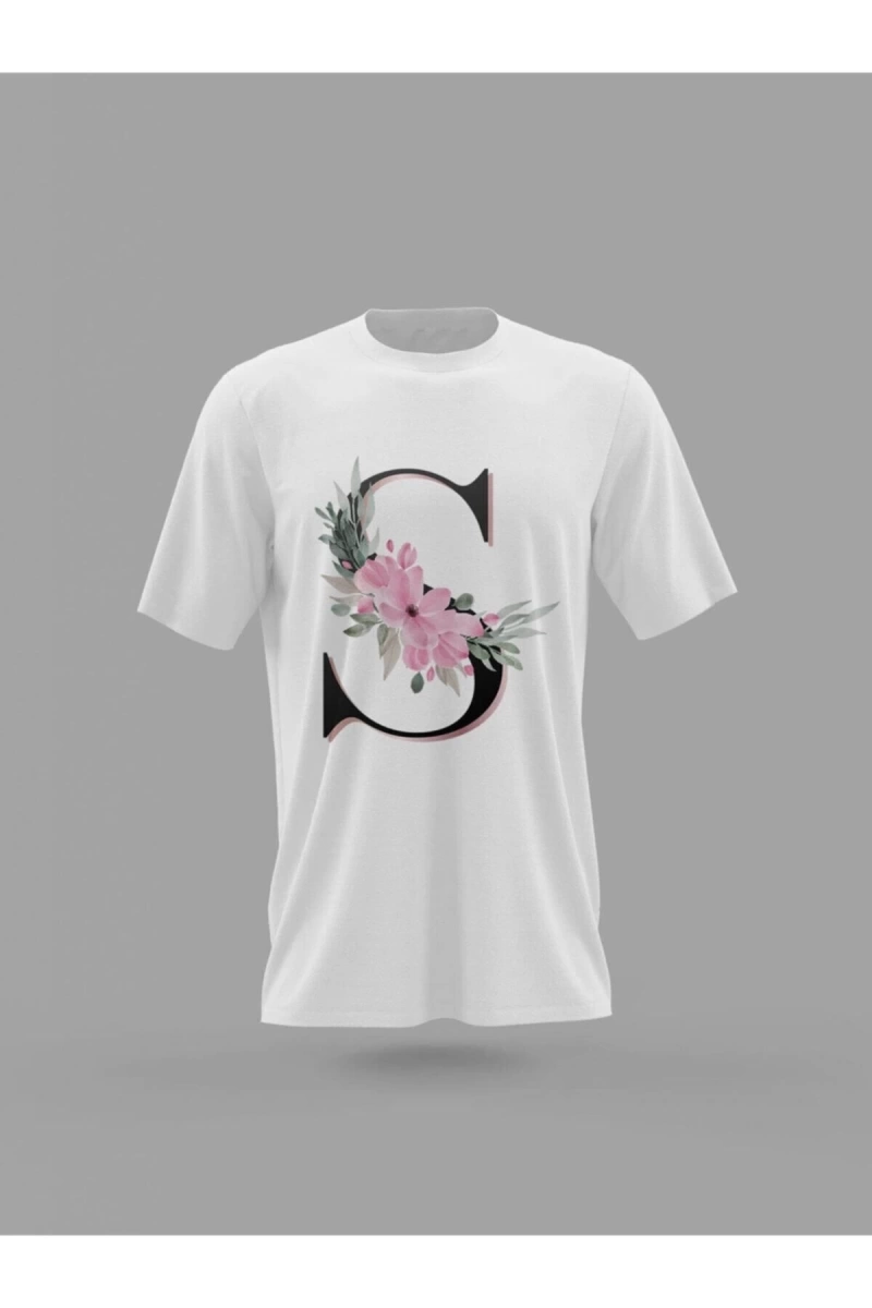 MAVİ Unisex S Harfi Baş Harf Pembe Çiçekli Baskılı T-shirt PNRMTSHRT4483