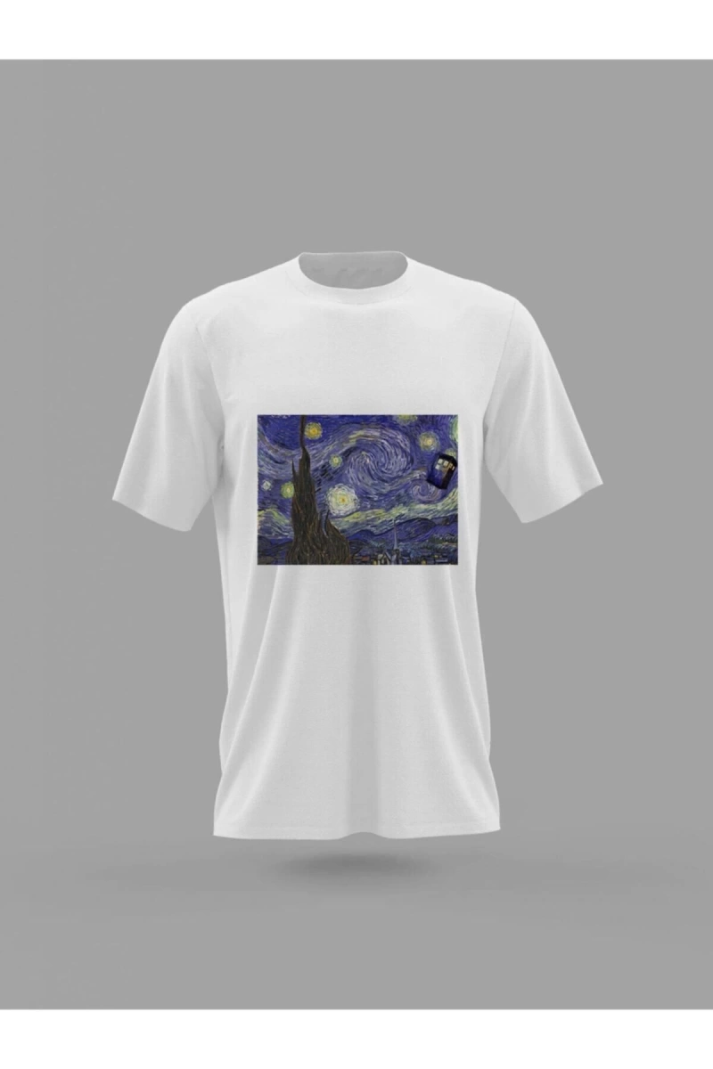 MAVİ Unisex Tardis Doctor Who Van Gogh Yıldızlı Gece Tablo Baskılı T-shirt PNRMTSHR