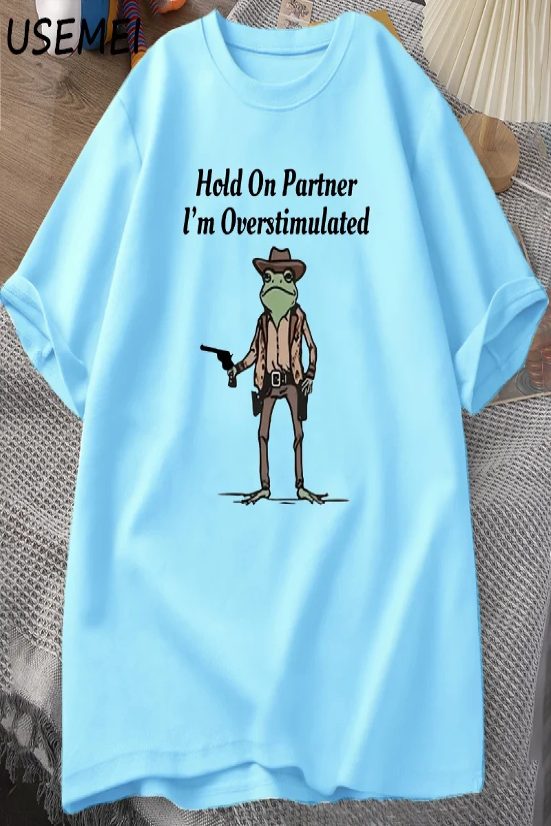 Mens T-shirt Hold on Partner Im Overstimulated Funny Meme Graphic T Shirts Cowboy Frog T Shi 2834