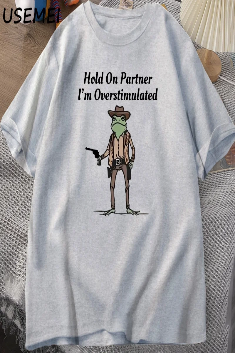 Mens T-shirt Hold on Partner Im Overstimulated Funny Meme Graphic T Shirts Cowboy Frog T Shi 2834