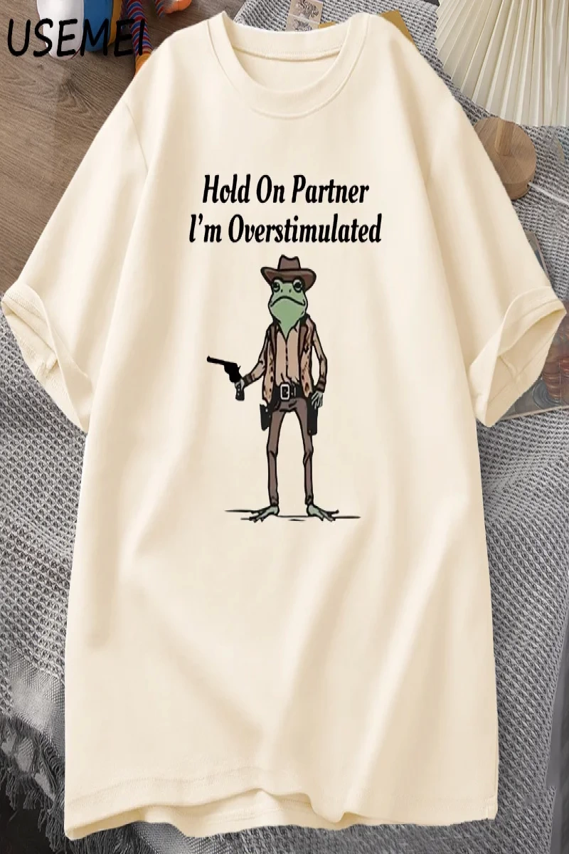 Mens T-shirt Hold on Partner Im Overstimulated Funny Meme Graphic T Shirts Cowboy Frog T Shi 2834