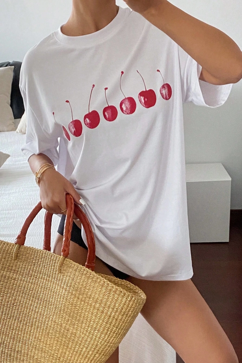 Meyve Desenli Baskılı Bol Kesim Kısa Kollu Rahat Tatil Yaz Üst Tişört Kadınlar İçin