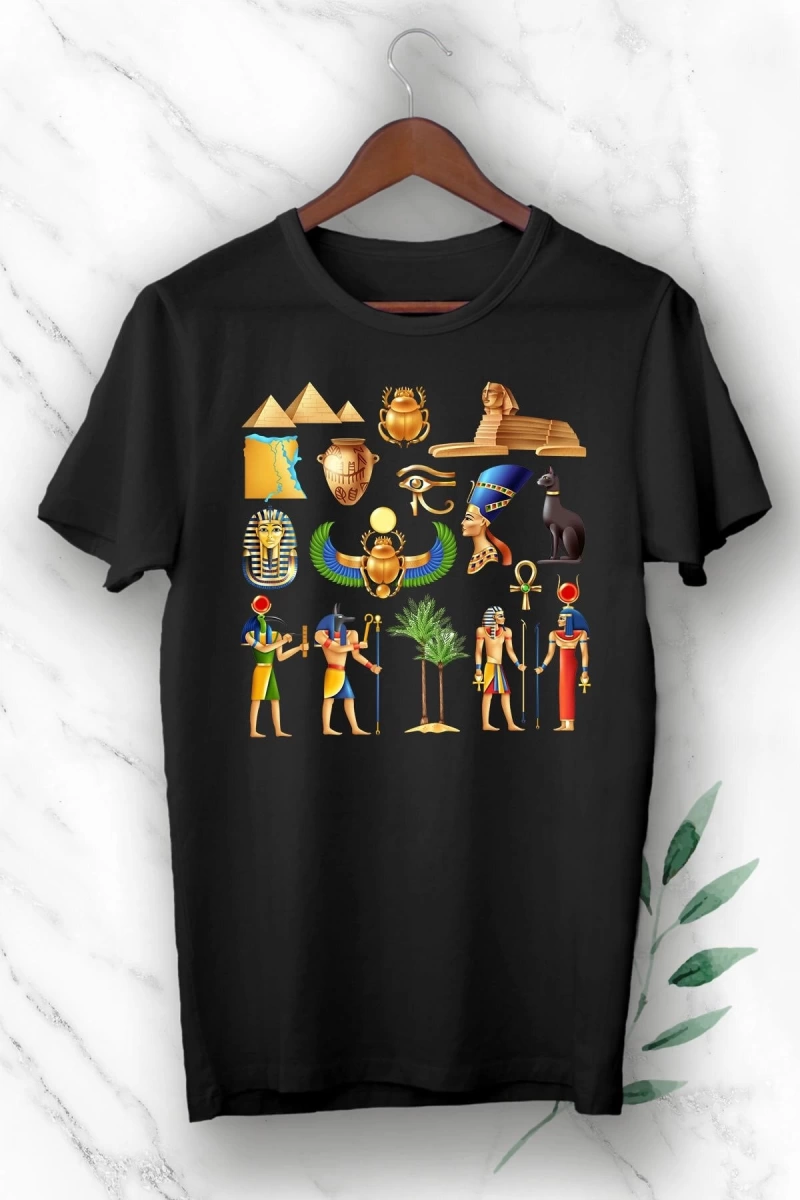 Mitoloji Antik Mısır Baskılı Siyah Unısex Tişört