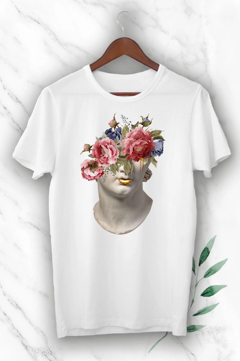 Mitoloji Heykel Baskılı Beyaz Unisex Tişört