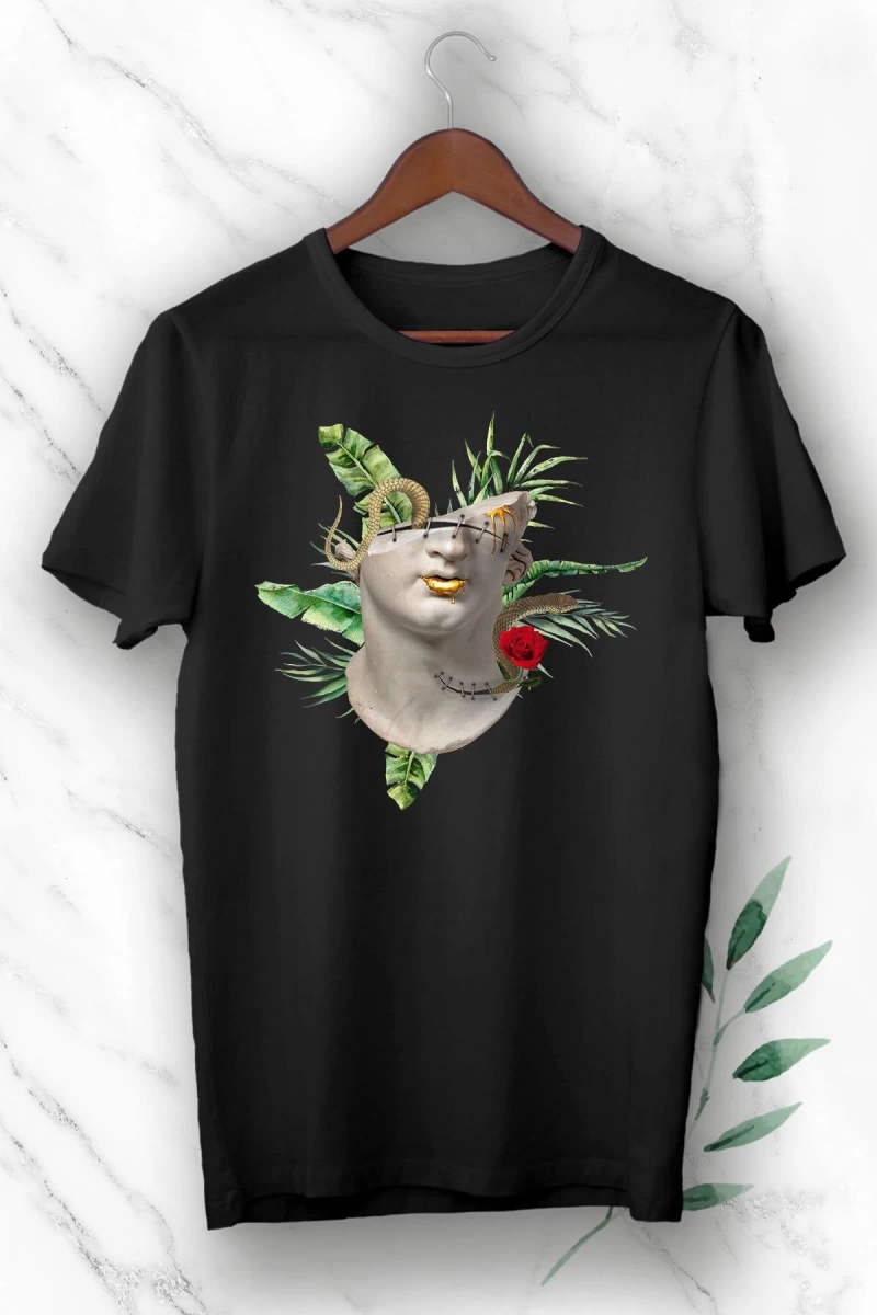Mitoloji Heykel Baskılı Siyah Unisex Tişört