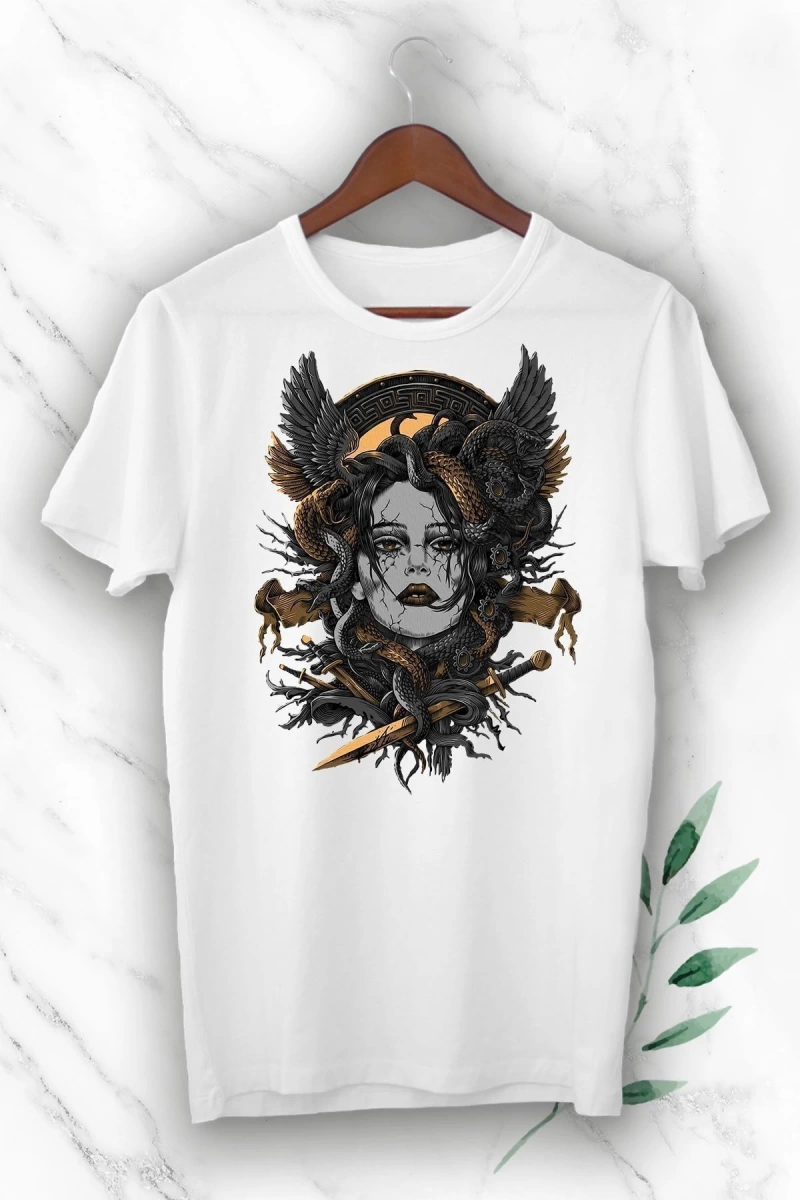 Mitoloji Medusa Baskılı Beyaz Unısex Tişört