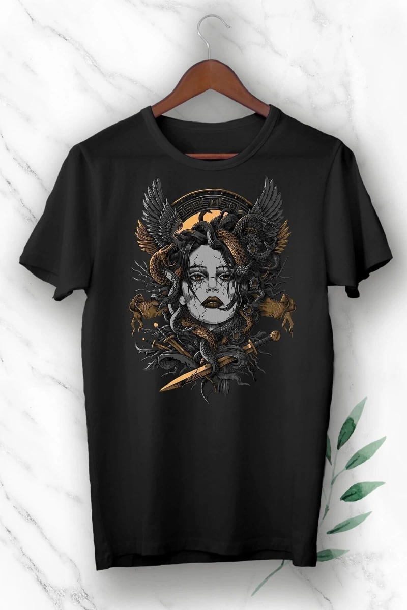Mitoloji Medusa Heykel Baskılı Siyah Unısex Tişört